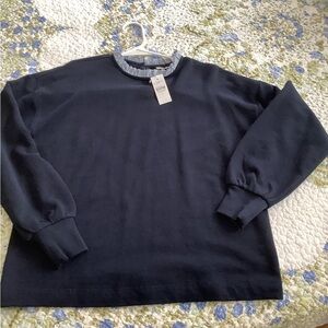 Adorable LOFT Navy Sweatshirt with Ruffle Trim at Neck SIZE SMALL. NWT!